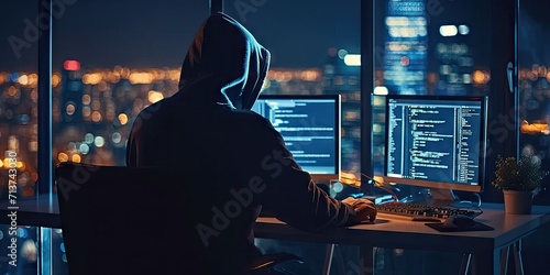 Hacker with computer in dark setting technology security breach hacking cyber internet virus web criminal identity crime on screen attack information monitor data man privacy system thief photo