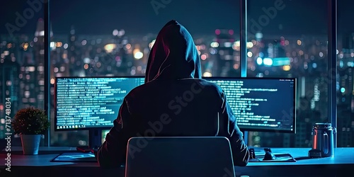 Hacker with computer in dark setting technology security breach hacking cyber internet virus web criminal identity crime on screen attack information monitor data man privacy system thief