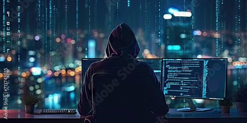Hacker with computer in dark setting technology security breach hacking cyber internet virus web criminal identity crime on screen attack information monitor data man privacy system thief photo