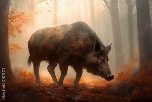 Beautiful artwork of a boar in the morning. Generative AI