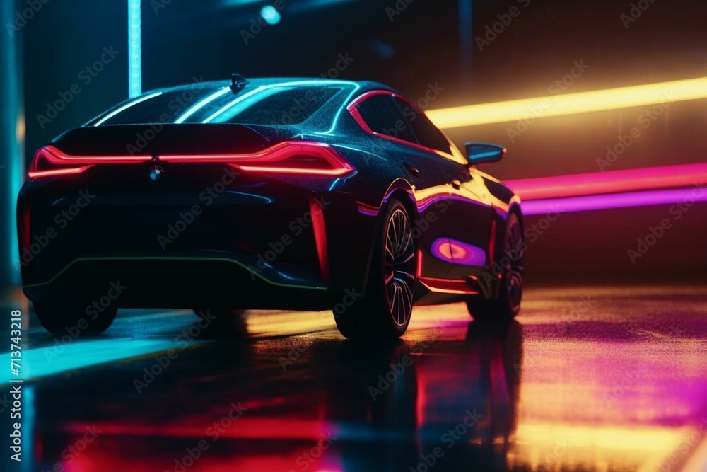 Car on wet road with colorful lights and futuristic neon speed. Generative AI