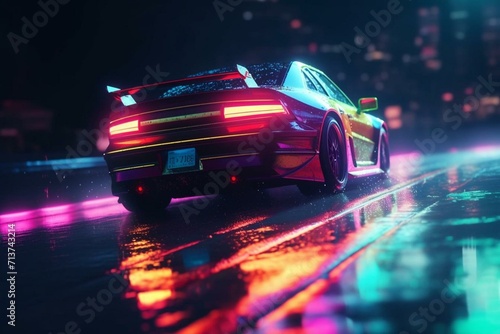 Car on wet road with colorful lights and futuristic neon speed. Generative AI