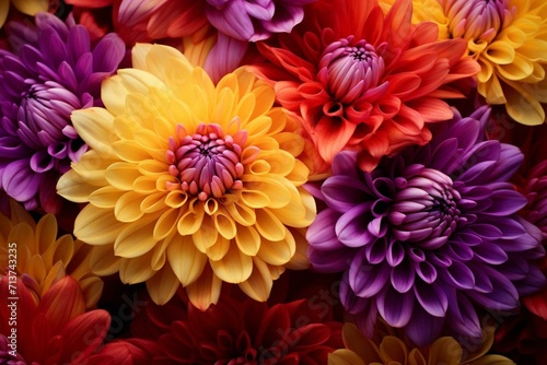 Stunning close-up of a chrysanthemum: a colorful floral background with shades of yellow, red, and purple. Generative AI © Maria