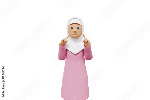 3d illustration of muslim woman greeting with white shirt and transparent background