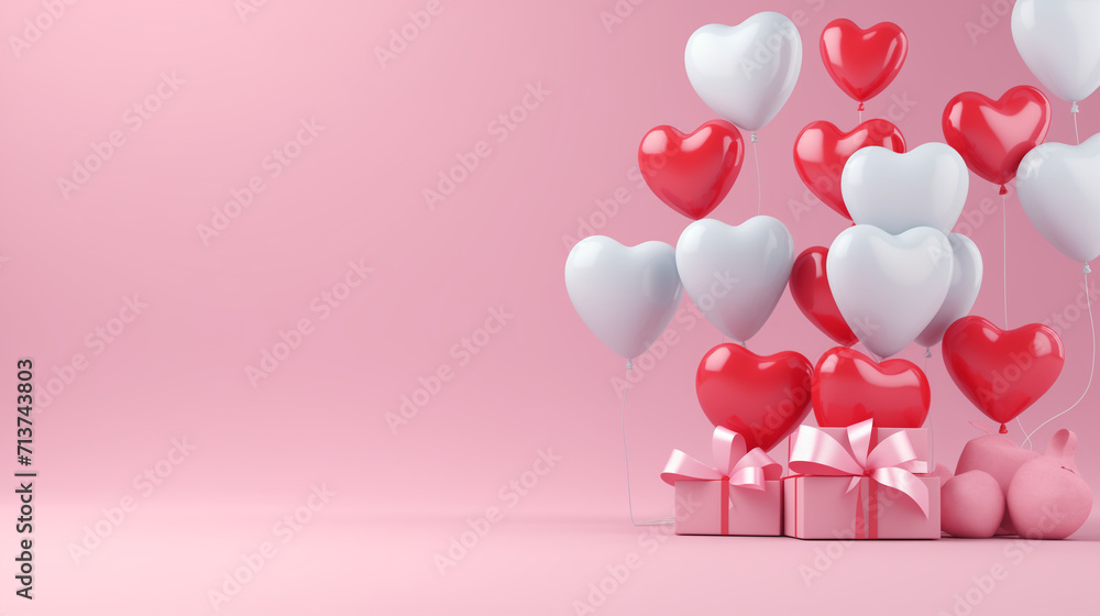 Red heart shaped balloons on pink background, flat lay with space for text. Saint Valentine's day, Valentine's day hearts balloons with copy space, Generaitve AI