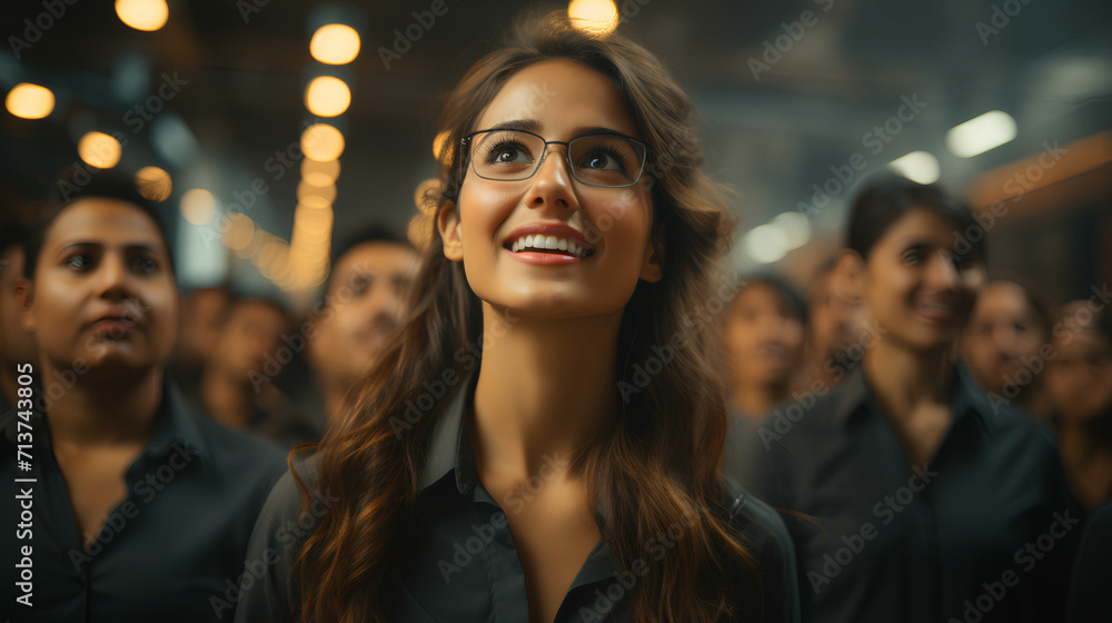 Proud confident Indian female - office - business - with peers - smiling  and happy - team leader 