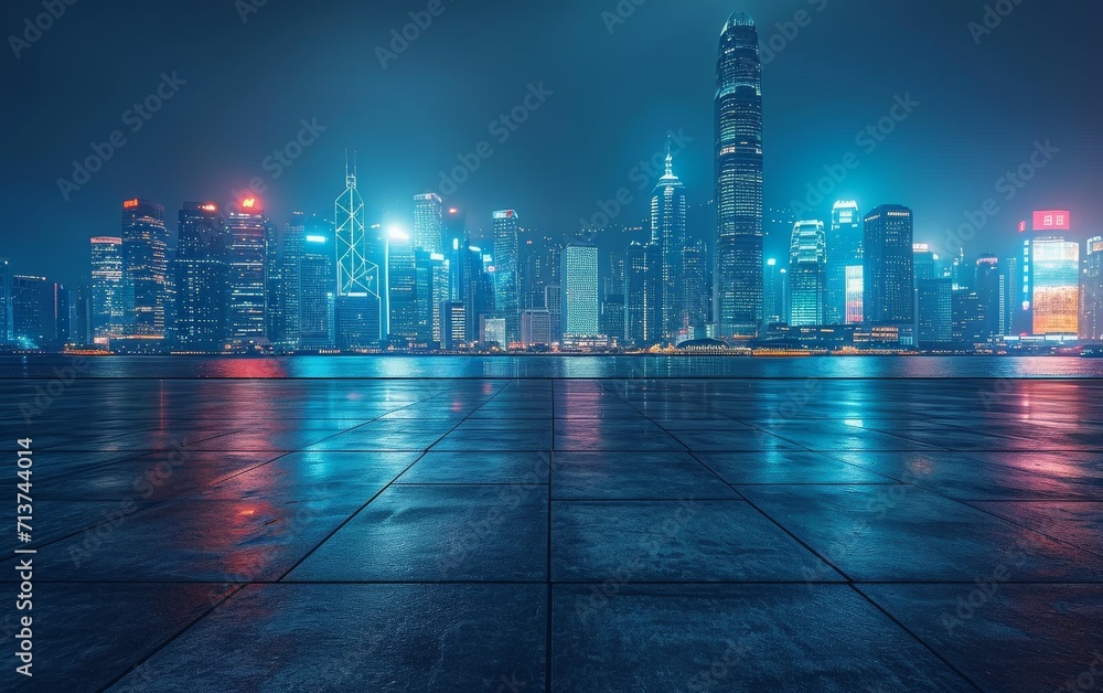 Panoramic view of empty concrete tiles floor with city skyline. Night scene.