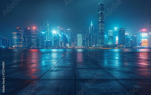 Panoramic view of empty concrete tiles floor with city skyline. Night scene.