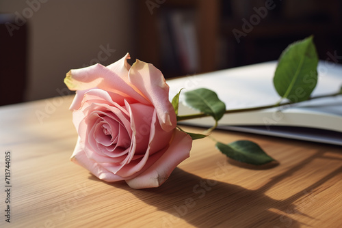 A romantic rose on pink background  love theme  Valentine s day romantic theme  One red rose on oak wood table  candles and rose  Generative AI