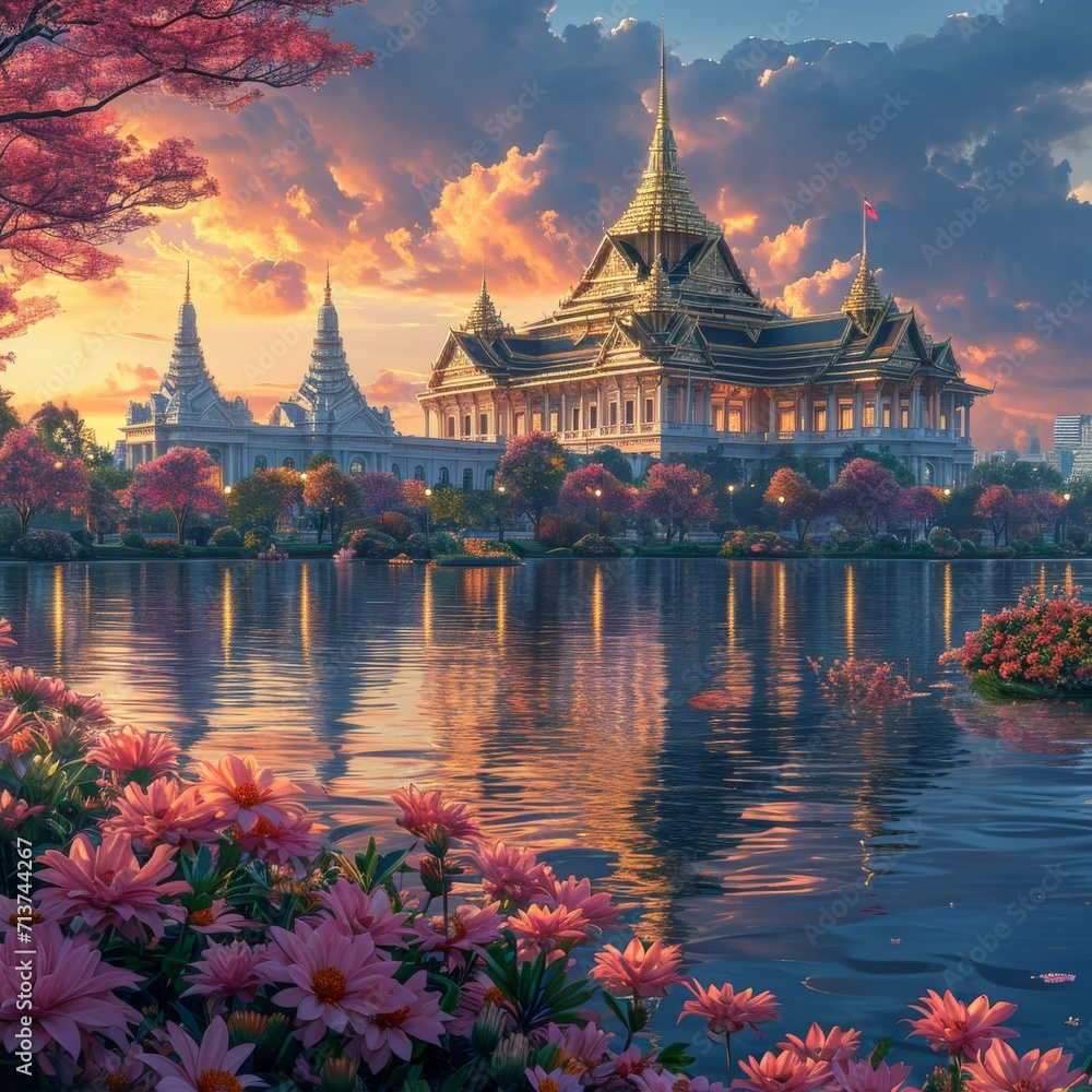 Naklejka premium The golden temple wat at the sunset sky.