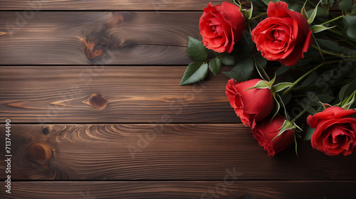 Wood Plank Background Wallpaper, Red Rose, Copy Space, Web Banner, Valentine's Day, Red roses flower on red background. Copy space, Top view, Generative Ai