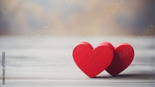 Two red hearts on wooden background  copy space  red hearts on wooden background  two red hearts on wooden table over falling snow  Two Red Valentines Hearts Standing On Wooden  Generative Ai