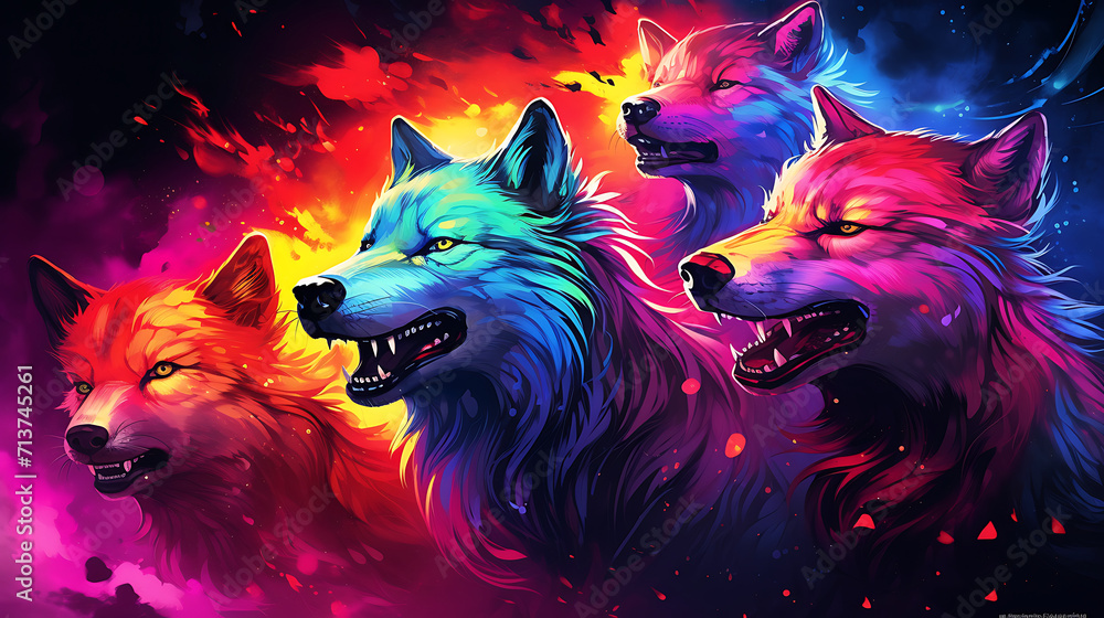 Naklejka premium abstract wolf pack in neon colors. Made with generative ai 