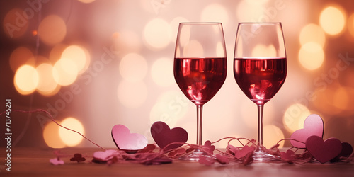 Romantic dinner. Bouquet of flowers lying on the table, two glasses of red wine and candles, Romantic Celebration Of Valentine's Day, Glass of wine with rose for romantic atmosphere, Generative Ai
