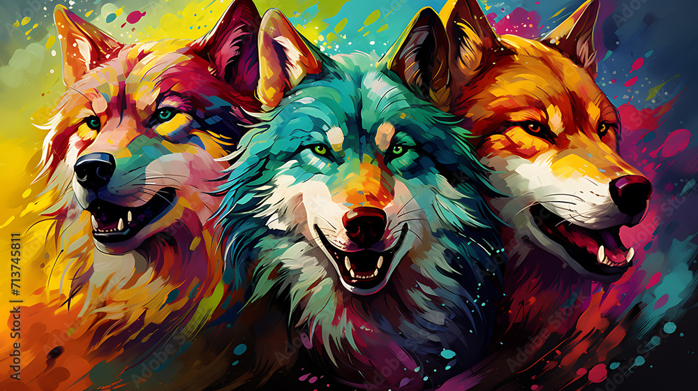 abstract wolf pack in neon colors. Made with generative ai abstract wolf pack in neon colors. Made with generative ai