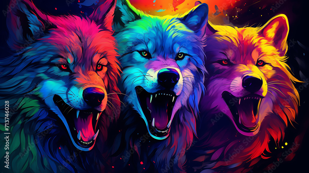 Naklejka premium abstract wolf pack in neon colors. Made with generative ai