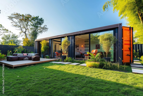 a modern container house with grass lawn and garden photo