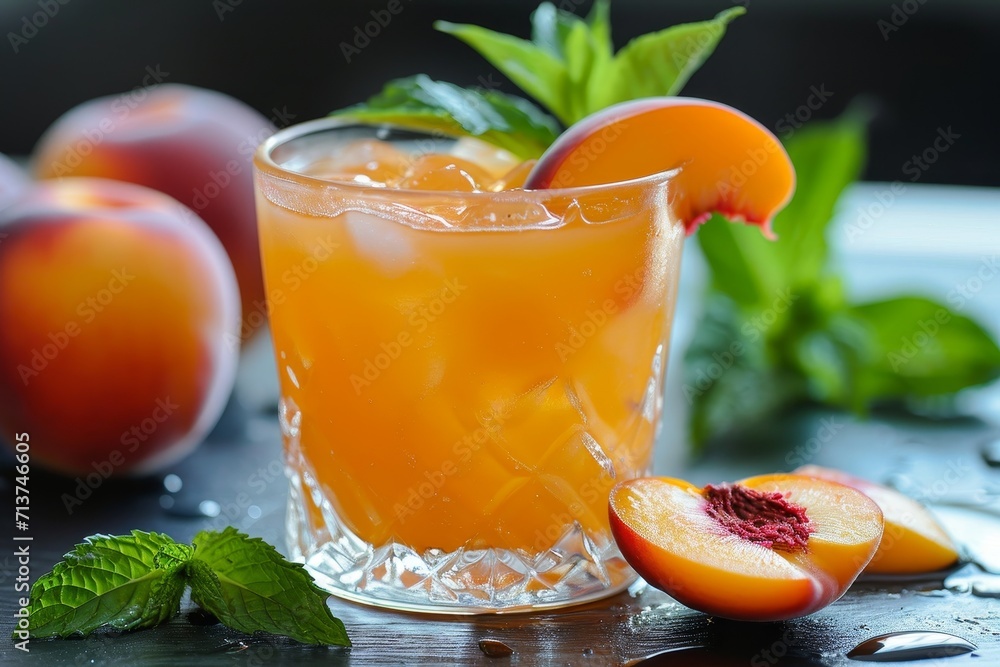 Close up of a drink in a glass on a table with peaches and mint and a few pieces of fruit on the table. Close up of a drink in a glass on a table with peaches and mint and a few pieces of fruit on the table.