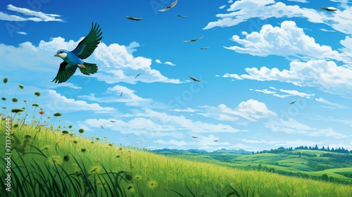 a vibrant green meadow where a solitary bird takes flight, its wings stretched wide against the clear blue sky, symbolizing freedom and the boundless expanse of the natural world.