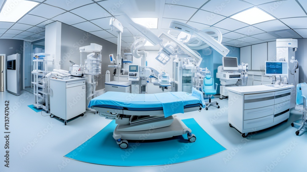A panoramic view of a modern surgical suite equipped for various medical procedures..