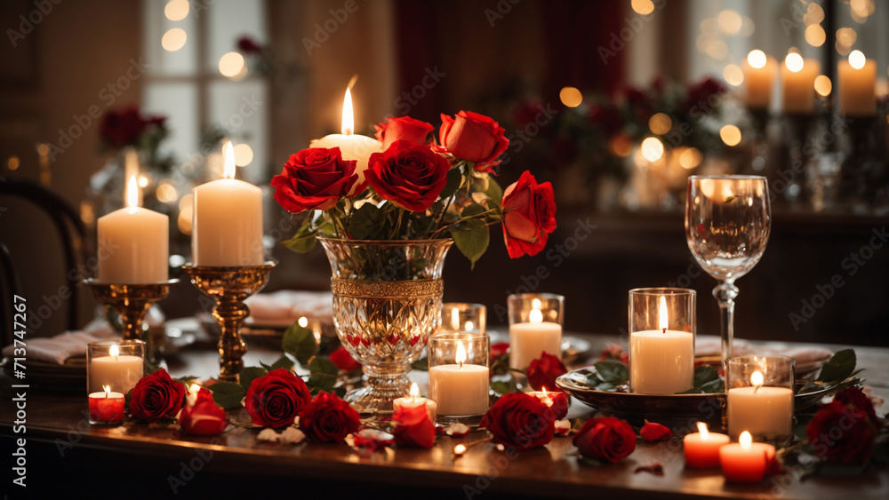 Candlelit dinner for two, red and white roses, dreamy bokeh. Perfect for love, celebration, and special moments. Candlelit dinner for two, red and white roses, dreamy bokeh. Perfect for love, celebration, and special moments.