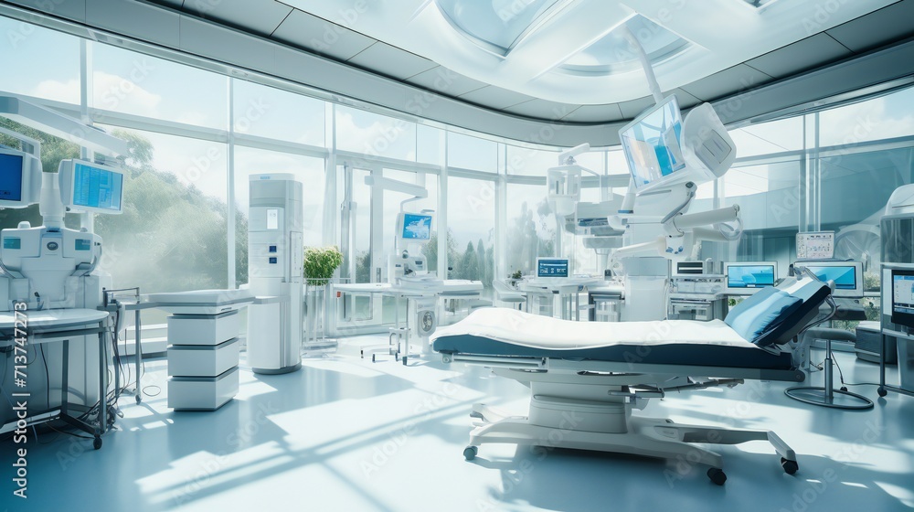 A spacious operating room with large observation windows for medical professionals