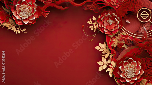 Lunar new year, year of the dragon banner template design with flower, asian elements paper cut style on color background. Luxury style. 