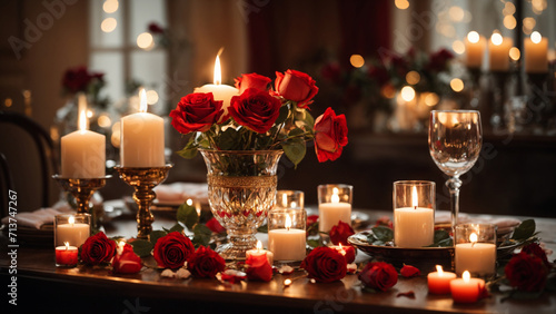 Candlelit dinner for two, red and white roses, dreamy bokeh. Perfect for love, celebration, and special moments.
