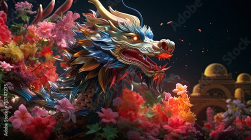 Lunar New Year. Dragon year decoration background, made of colorful transparent resin. sparkling decorated with flowers and sparkles of light that shine in the dark of night. © pengedarseni
