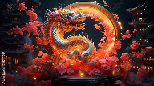 Lunar New Year. Dragon year decoration background, made of colorful transparent resin. sparkling decorated with flowers and sparkles of light that shine in the dark of night.