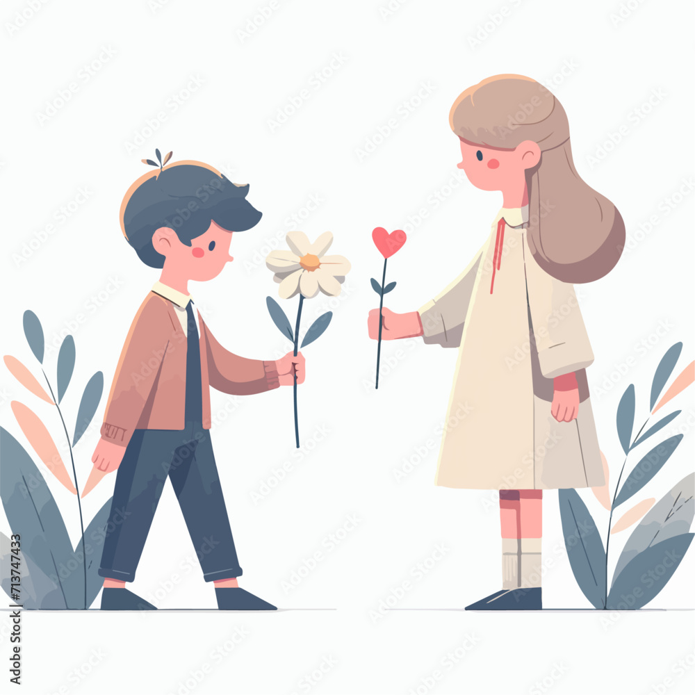 Valentine's day. guy gives bouquet of flowers to girl. couple in love. vector in cartoon style