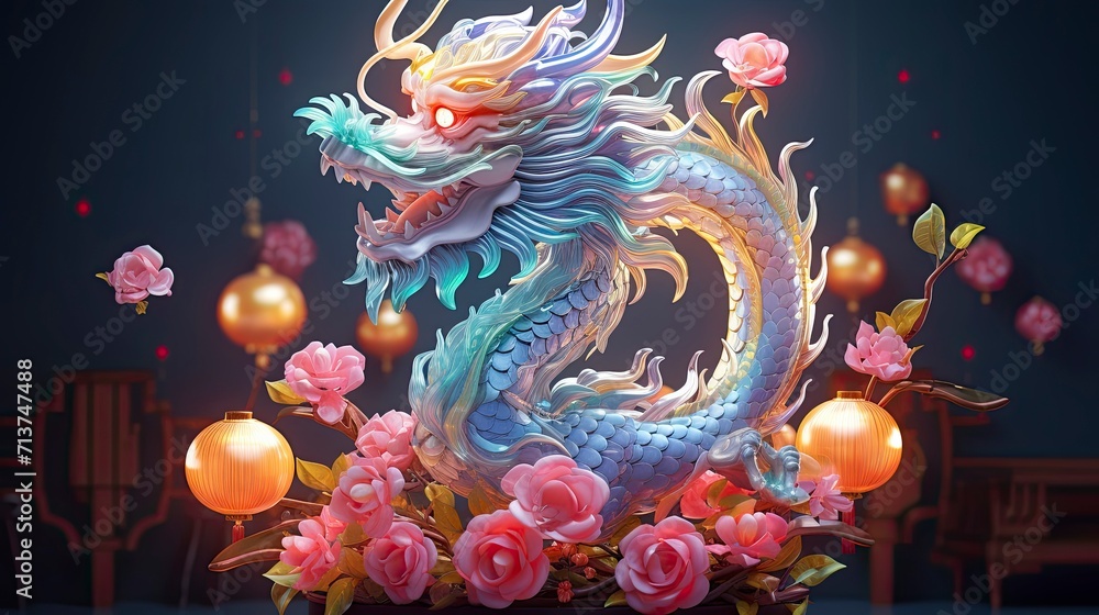 Obraz premium Lunar New Year. Dragon year decoration background, made of colorful transparent resin. sparkling decorated with flowers and sparkles of light that shine in the dark of night. Blue Dragon.