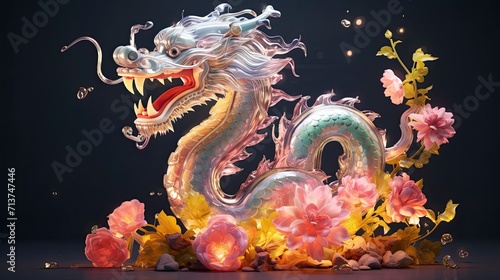 Lunar New Year. Dragon year decoration background, made of colorful transparent resin. sparkling decorated with flowers and sparkles of light that shine in the dark of night. Silver Dragon.