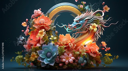 Lunar New Year. Dragon year decoration background, made of colorful transparent resin. sparkling decorated with flowers and sparkles of light that shine in the dark of night. Blue Dragon.