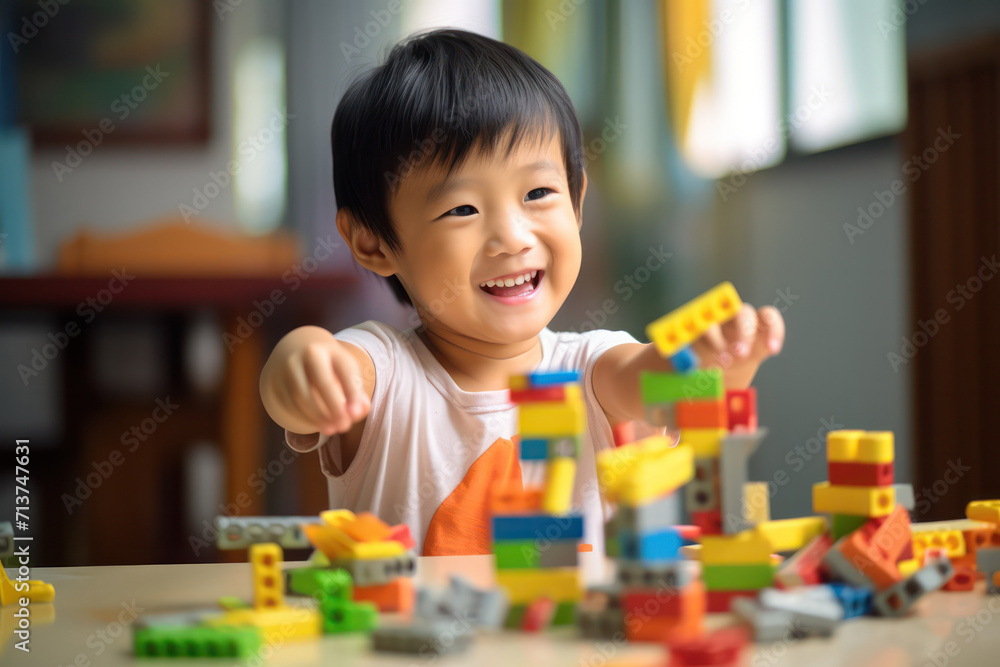 Smiling young child engaged in play with a set of vibrant building blocks on the floor Smiling young child engaged in play with a set of vibrant building blocks on the floor