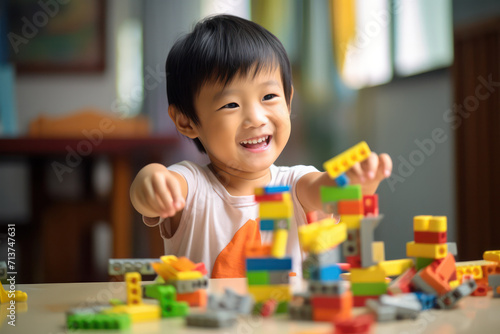 Smiling young child engaged in play with a set of vibrant building blocks on the floor