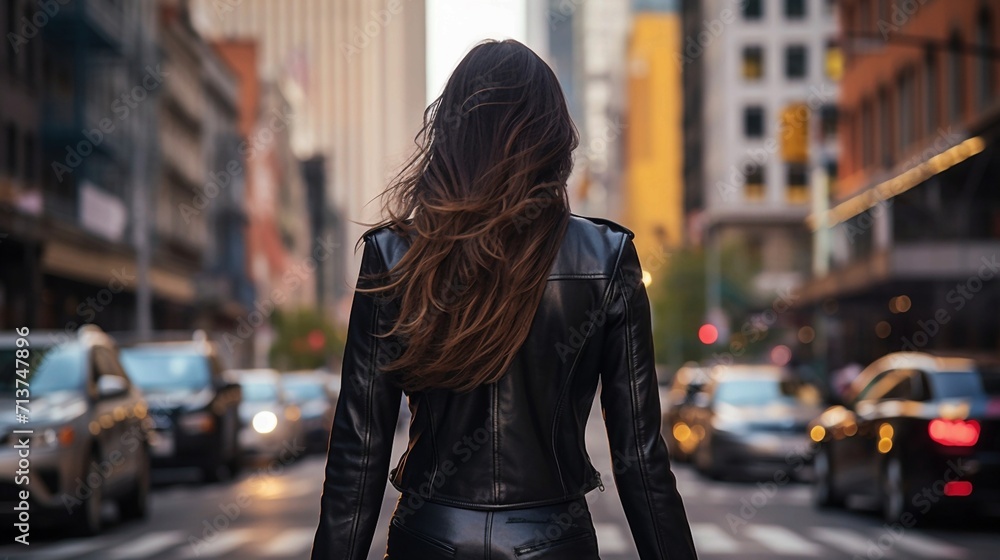 A girl in a black jacket stands in the center of the city with motion blur. Generative AI A girl in a black jacket stands in the center of the city with motion blur. Generative AI