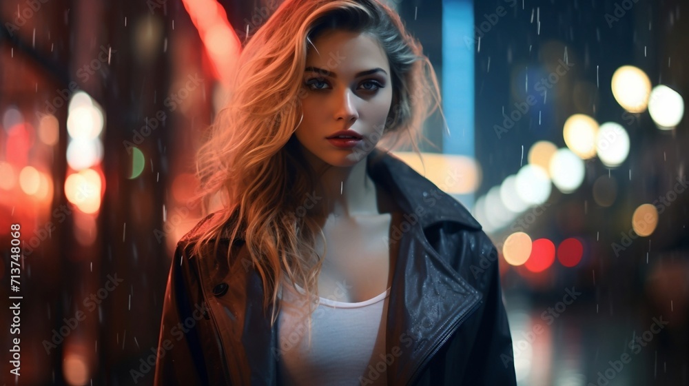 Beautiful young woman walking on the street at night in the city. on blur background. Generative AI Beautiful young woman walking on the street at night in the city. on blur background. Generative AI