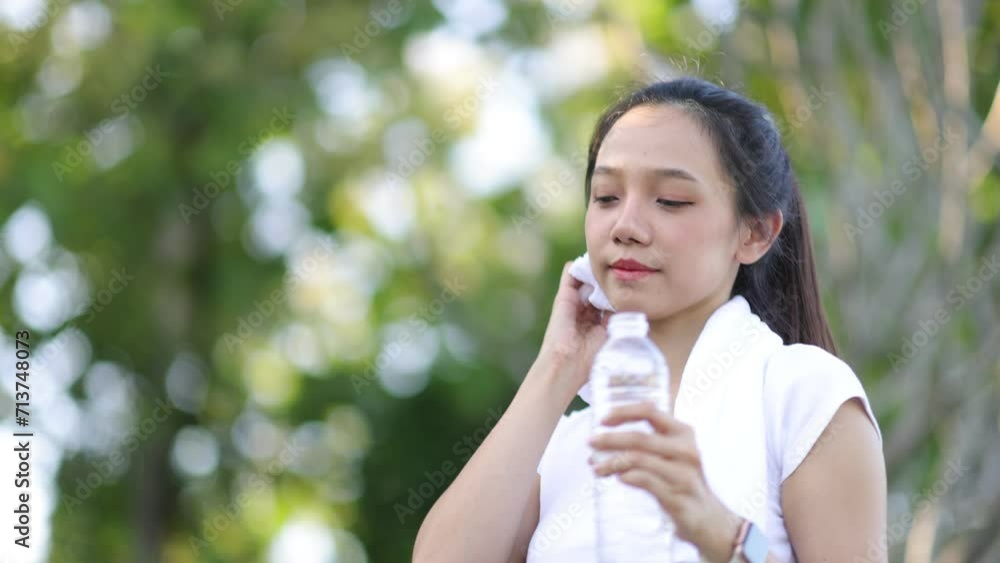 Attractive young Asian woman who is thirsty is drinking water while taking a break from jogging at the park. Attractive young Asian woman who is thirsty is drinking water while taking a break from jogging at the park.