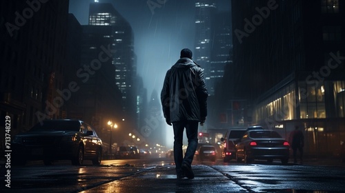 Young handsome guy walks alone by venice at night city with boke background. Generative AI