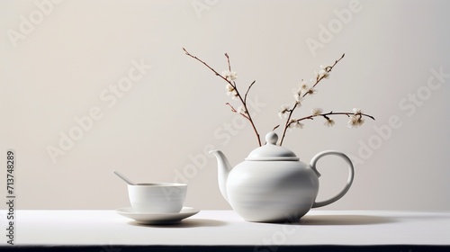the details of a teapot and cup on a spotless white backdrop, capturing the delicate forms and enhancing the aesthetic appeal of this timeless scene.