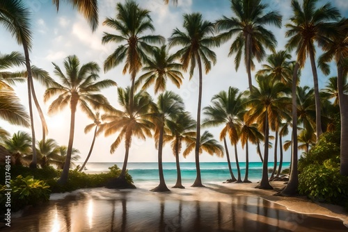 Imagine an ethereal AI-generated image portraying the magical dance of palm trees, their leaves swaying elegantly in the breeze.