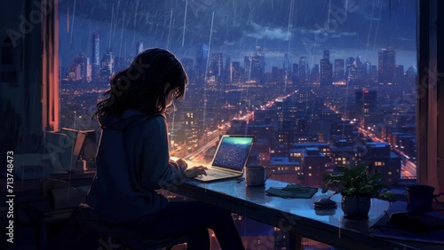 Lofi Girl studying at her desk. Rain ourside, beautiful chill, atmospheric wallpaper. 4K background. lo-fi, hip-hop style. Anime manga style.. Lofi desk window. Rain effect. photo