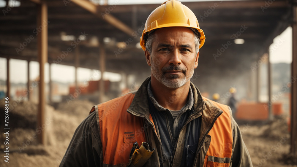 Expert construction worker amidst bustling site, rugged and determined, holding blueprint with measuring tape. Authentic professional in action. Construction photography, natural light. Expert construction worker amidst bustling site, rugged and determined, holding blueprint with measuring tape. Authentic professional in action. Construction photography, natural light.