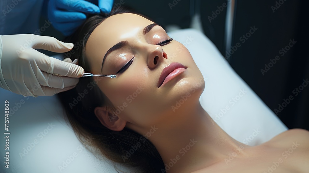 Beautiful woman has beauty treatment at Clinic Of Aesthetic Medicine, bright and clean ambient room