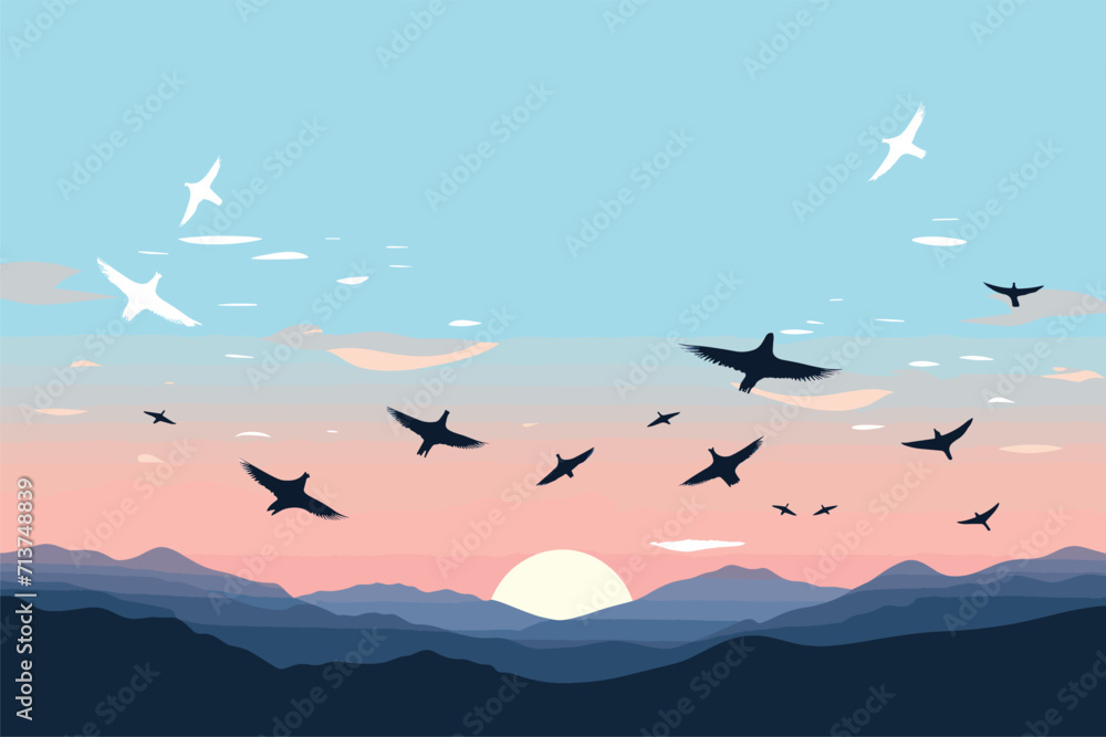 Obraz premium Flying birds silhouettes on blue sky, Birds flying over the sea