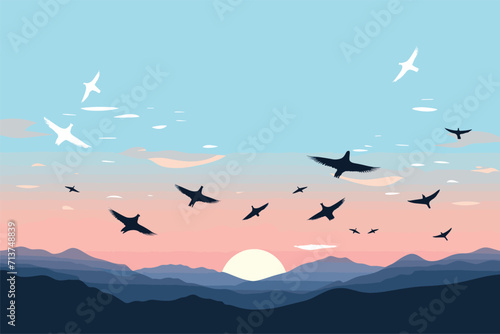 Flying birds silhouettes on blue sky, Birds flying over the sea