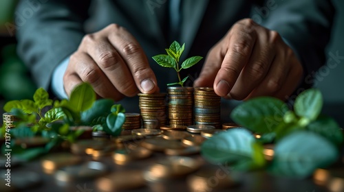 Investment growth and financial stability concept. hands stacking coins with a growing plant. sustainable finances and savings. AI photo