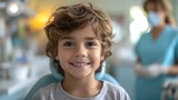Smiling young boy in dentist chair captures a moment of joy. childcare and health concept. AI