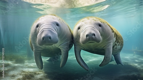 two gentle manatees floating gracefully in calm waters, their serene presence highlighted against the backdrop of a tranquil and spotless white background.